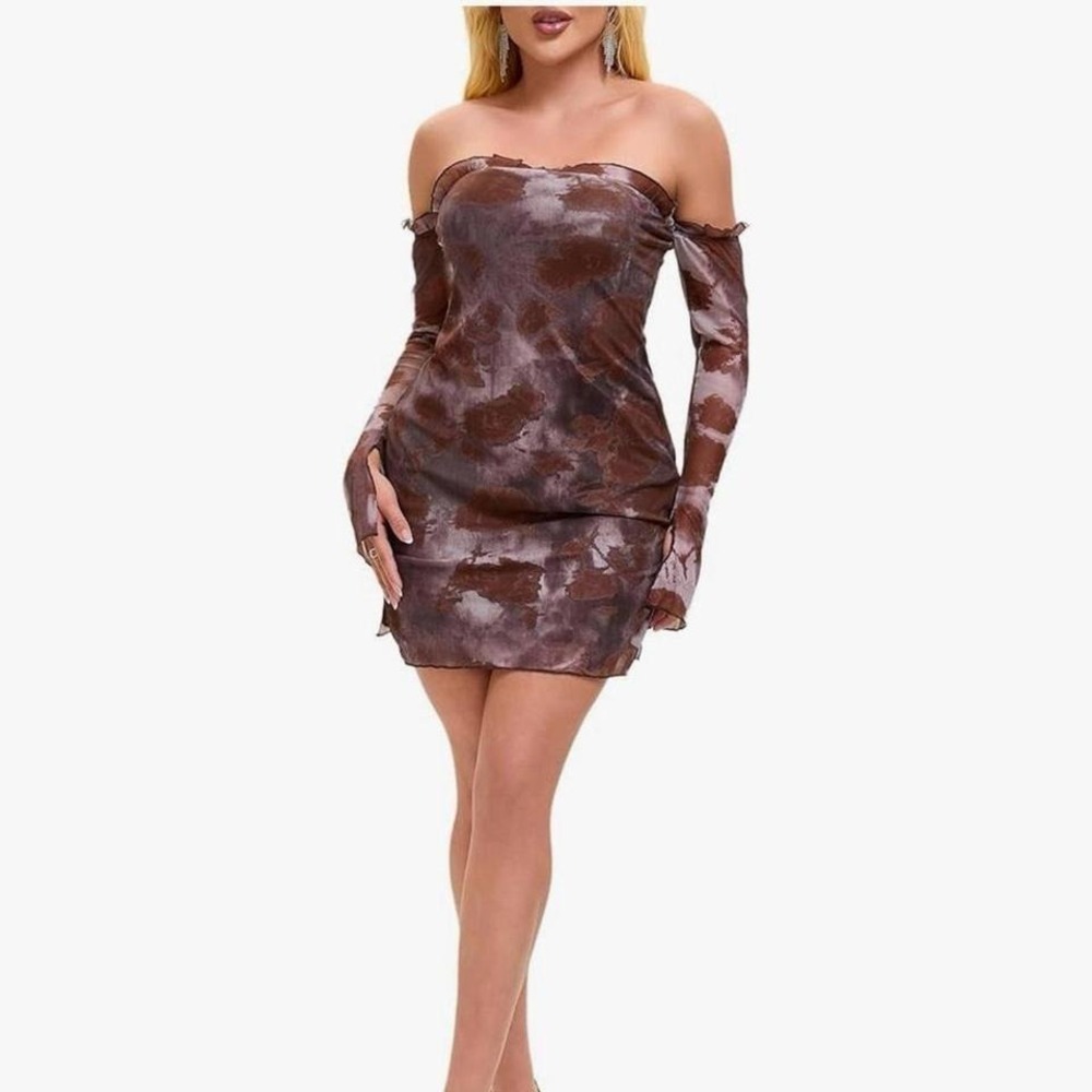 Un Tercio Brown Tie Dye Off Shoulder Mesh Mini Dress Long Sleeve Side Slit L‎